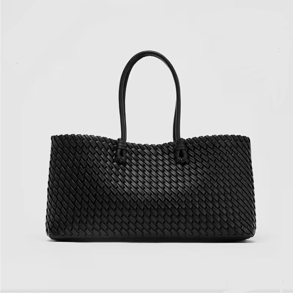 *New* Black Woven East-West Style Shoulder Tote HandBag Work Travel Going Out - Picture 2 of 7